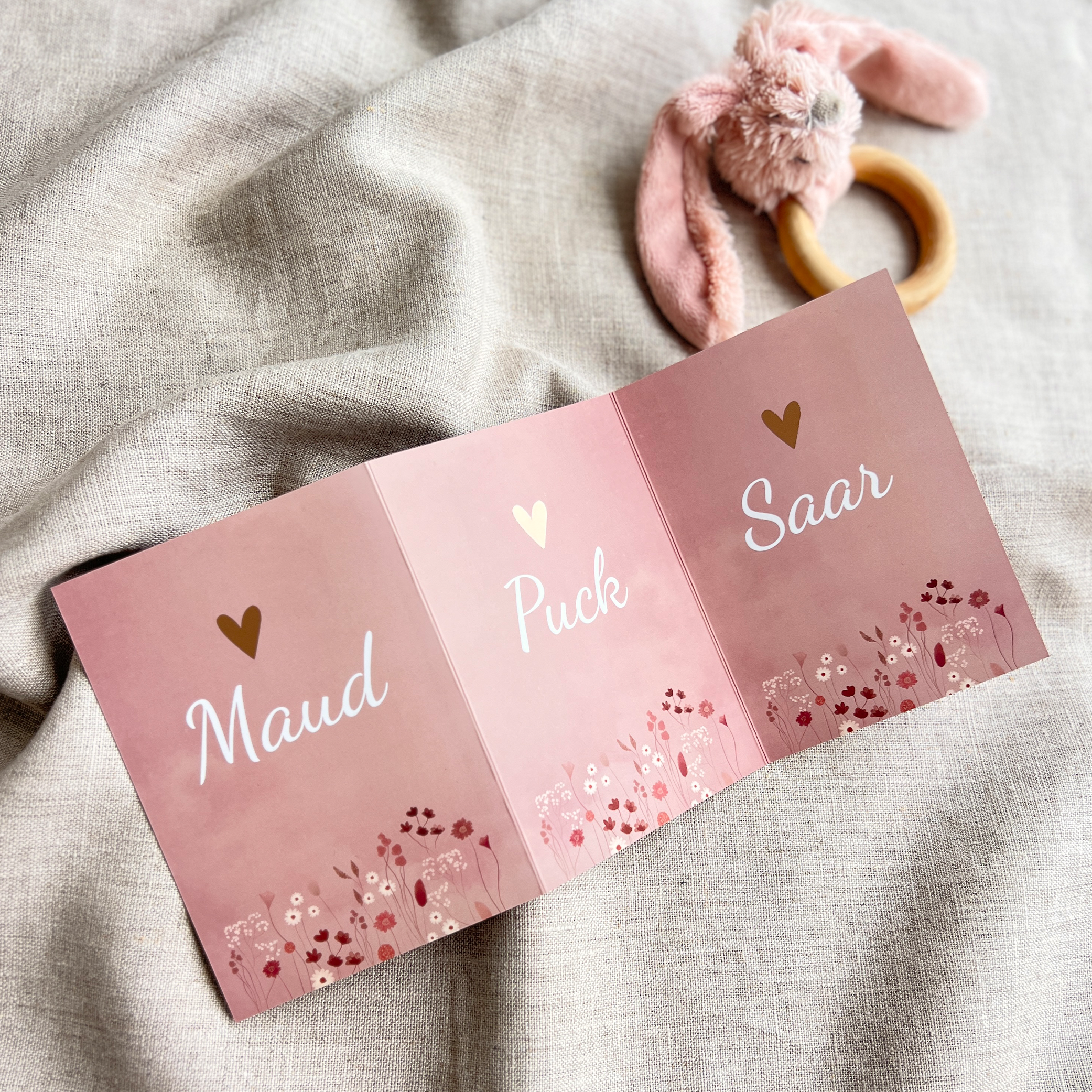 Geboortekaartje Drieling Bloemetjes Luikkaartje Roze