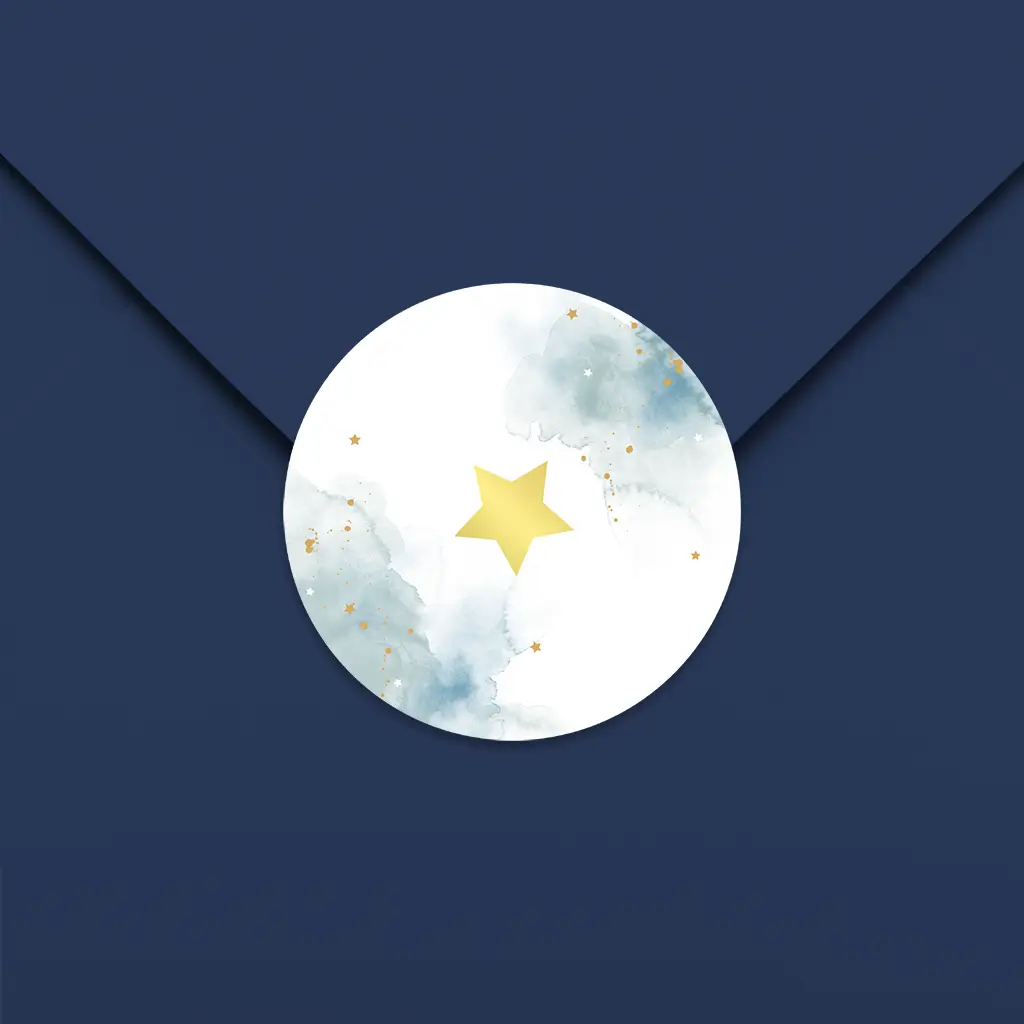 Sluitsticker met blauwe watercolour en goudfolie ster - per vel