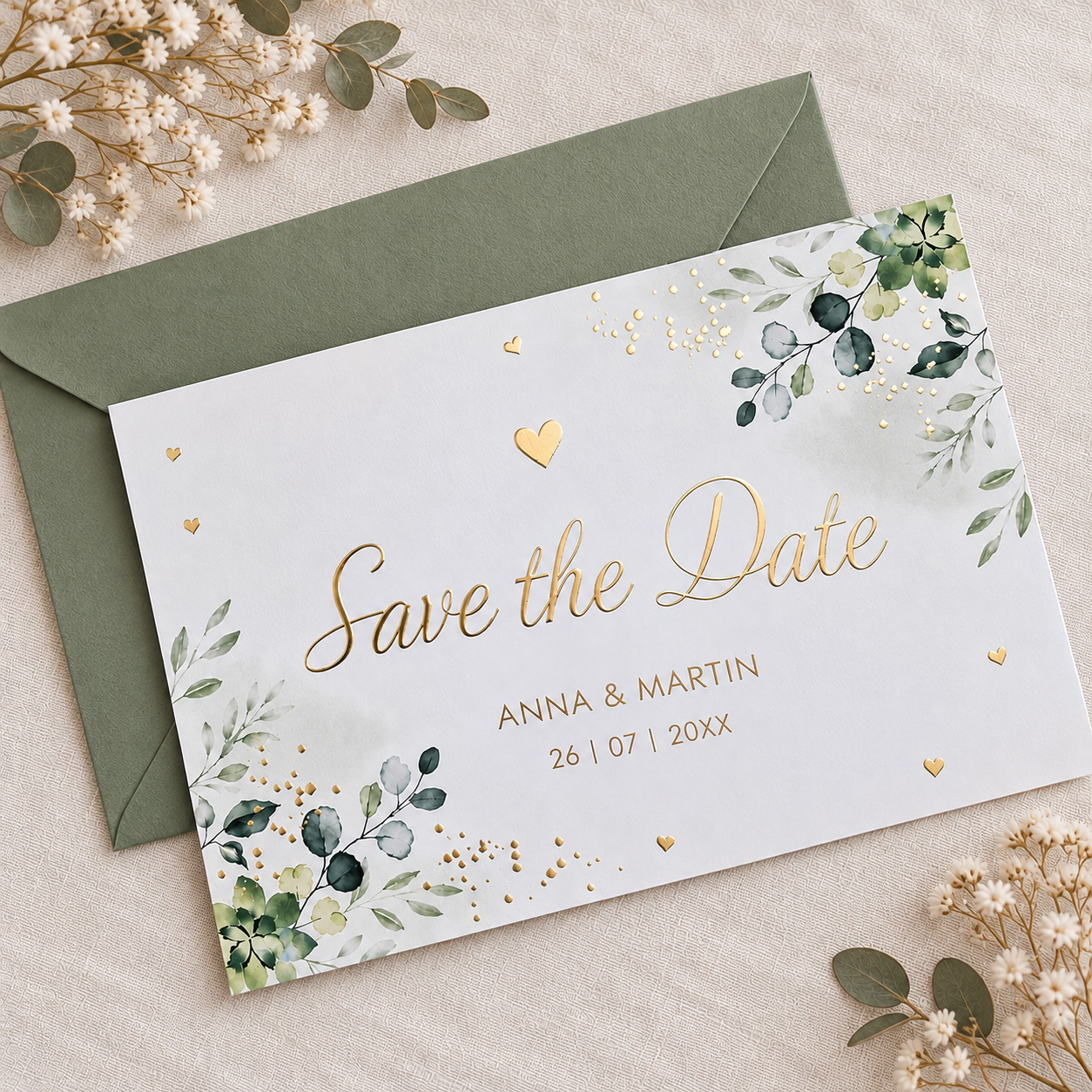 Save the Date trouwkaart botanisch groen bladeren goudfolie