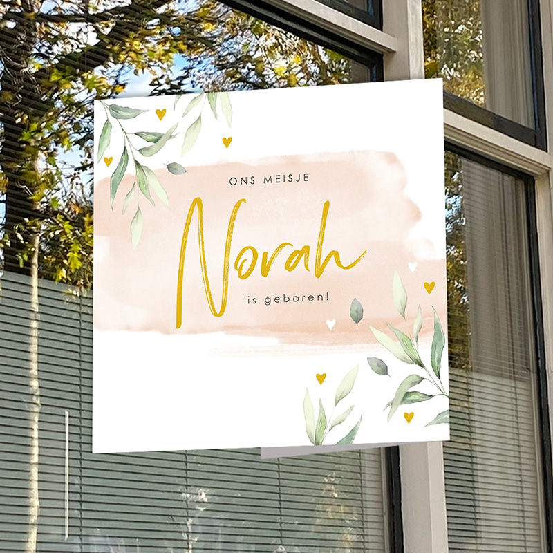 Botanisch geboortebord met roze waterverf