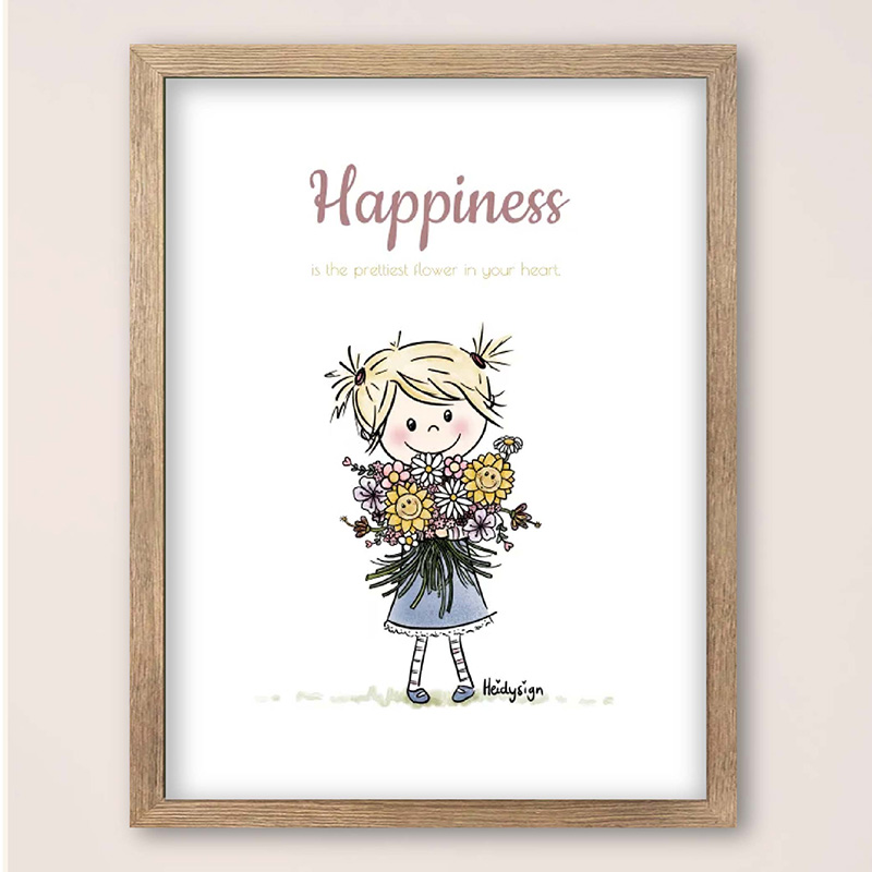 Kinderkamerposter meisje met bloemen – Happiness quote illustratie