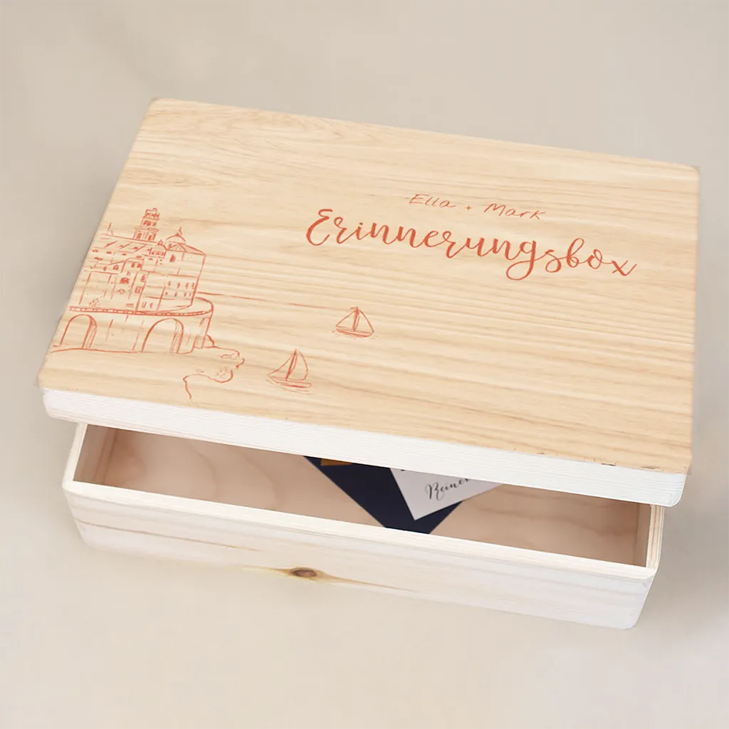 Erinnerungskiste zur Hochzeit mit Illustrationen in Orange