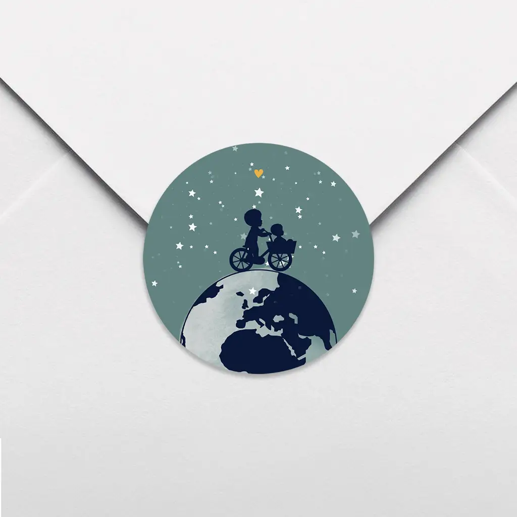Sluitsticker met wereldbol en silhouetjes broertje - per 25 stuks