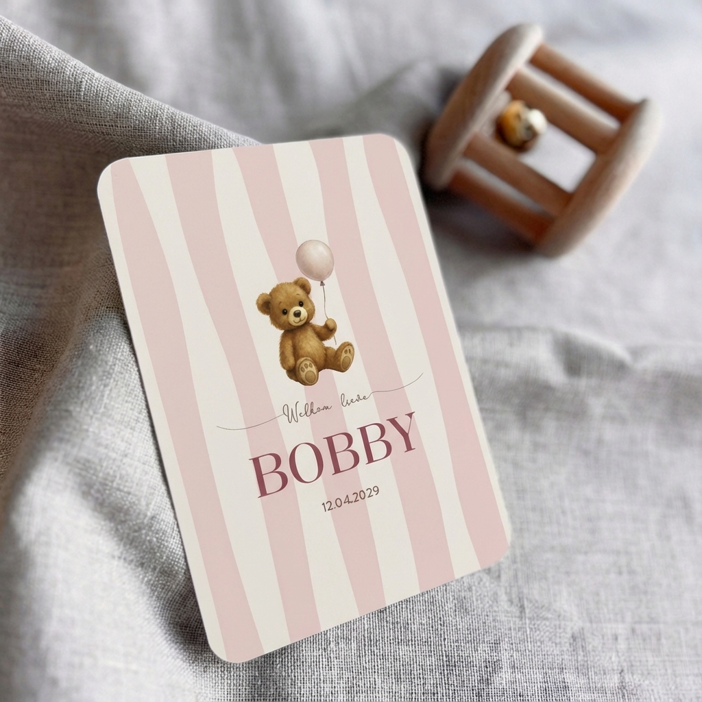 Geboortekaartje Meisje Hartje gestreept teddybeertje