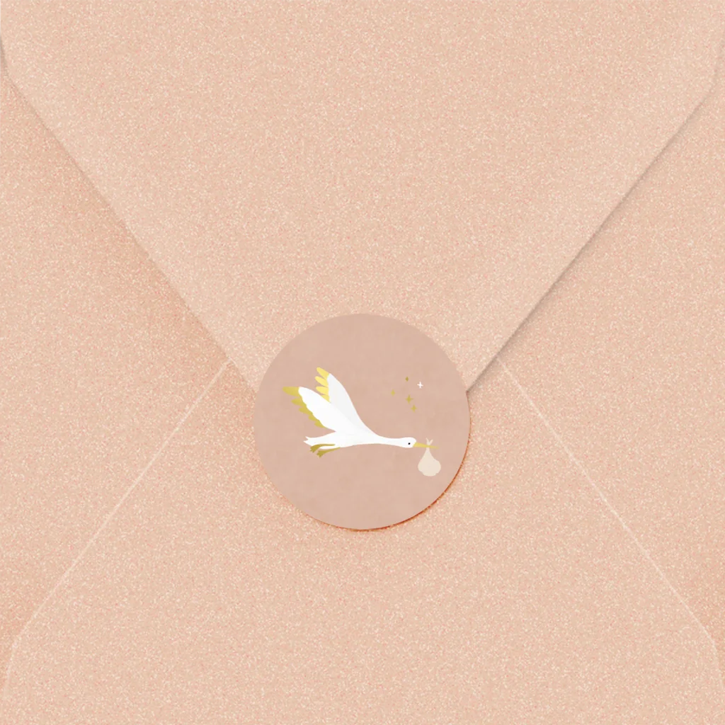 Sluitsticker geboortekaartje met ooievaar en goudfolie