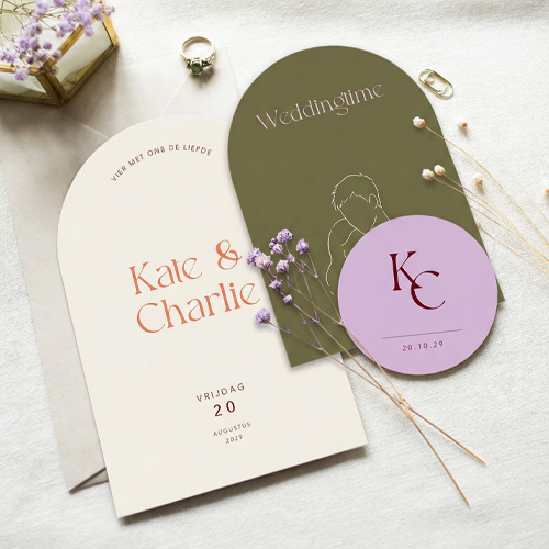 Trouwkaart set kleurrijke tinten lijntekening koppel