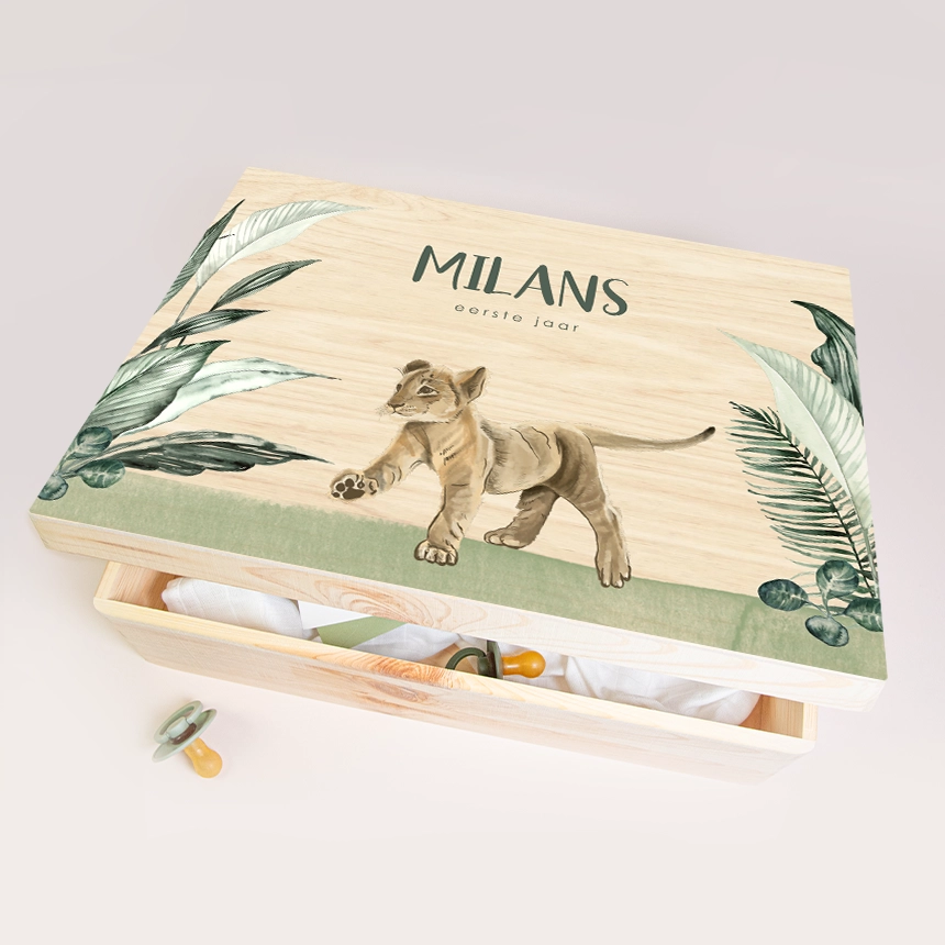 Memory box hout met leeuwenwelpje