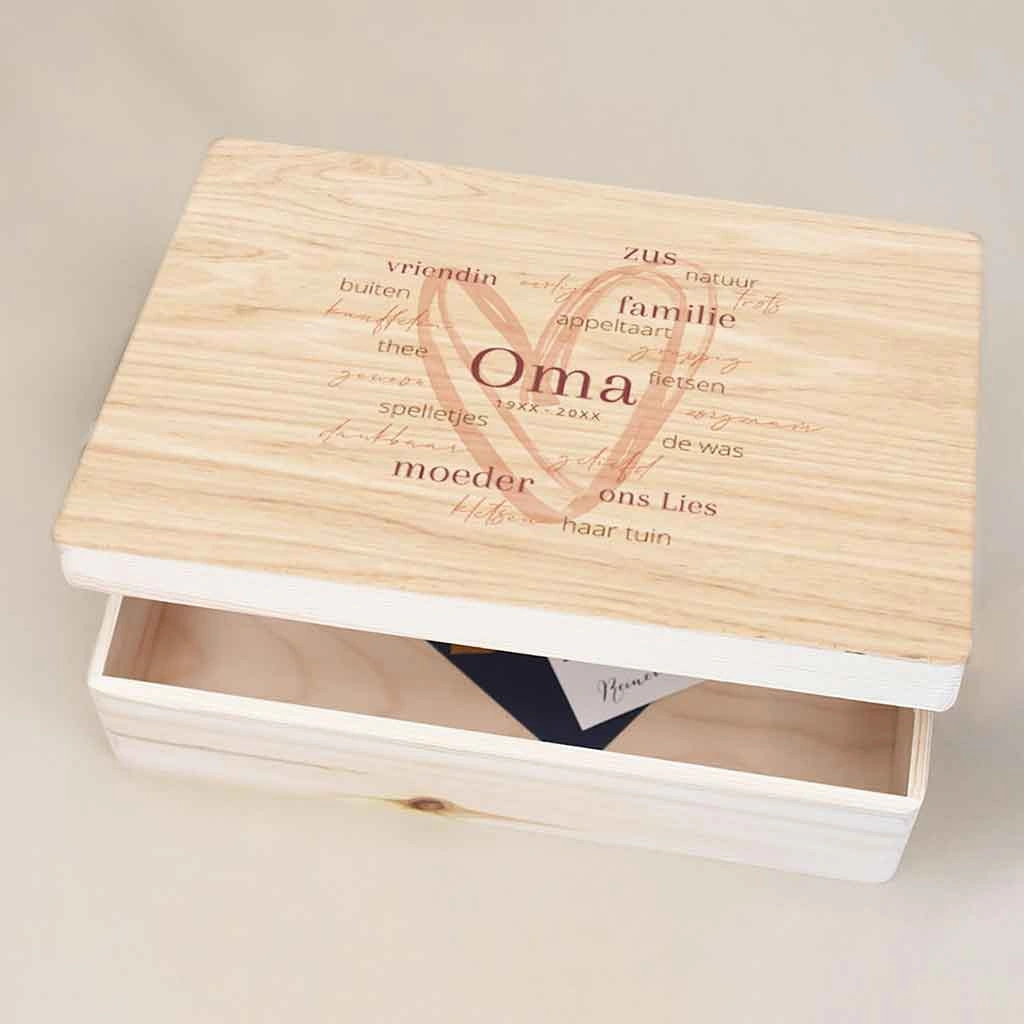 Memorybox met hart en woorden speciaal voor oma - wordcloud