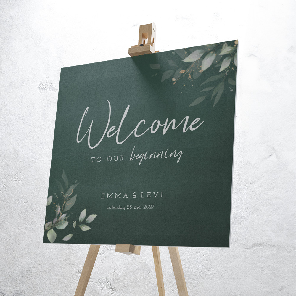 Donkergroen welkomstbord met botanische illustraties
