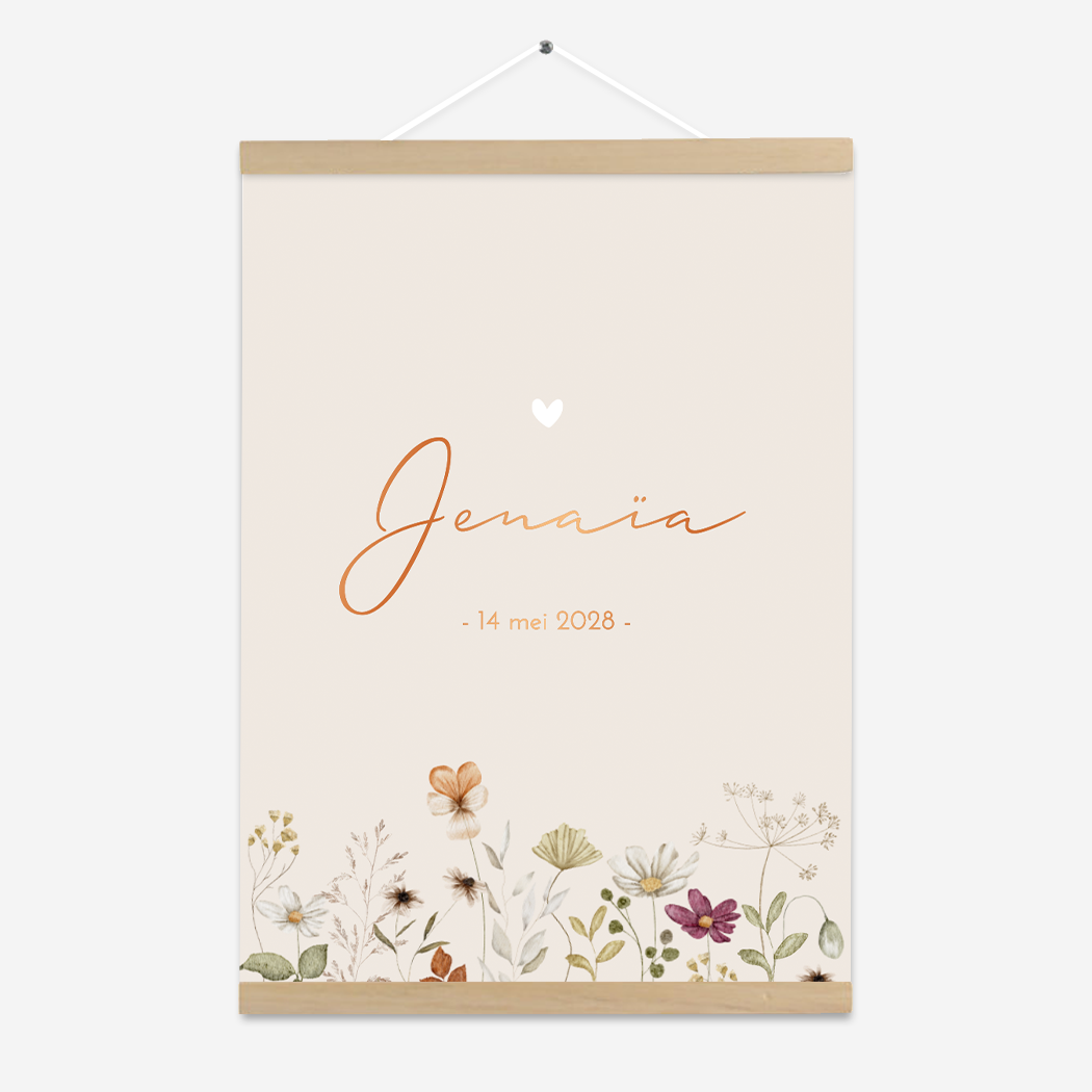 Poster Bloemetjes Waterverf Beige Koperfolie