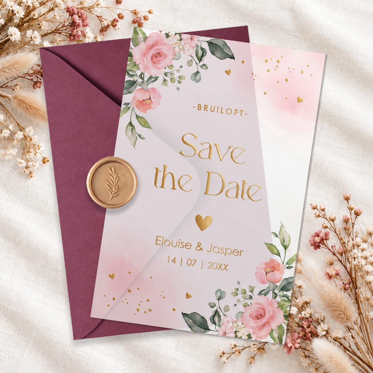 Save the Date kaart kalkpapier bloemen roze rozen goudfolie