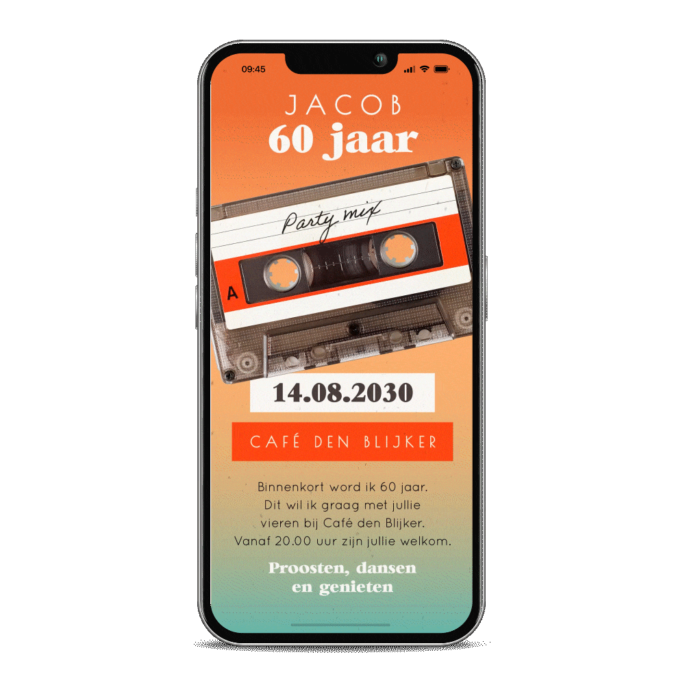 Bewegende uitnodiging verjaardag 60 jaar met cassettebandje