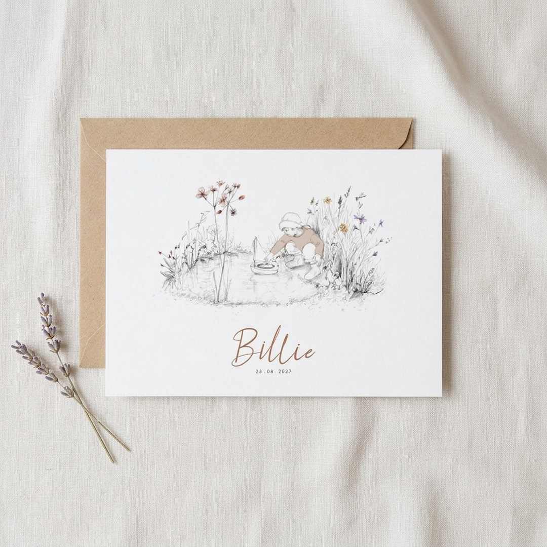 Geboortekaartje unisex illustratie kindje vijver bootje