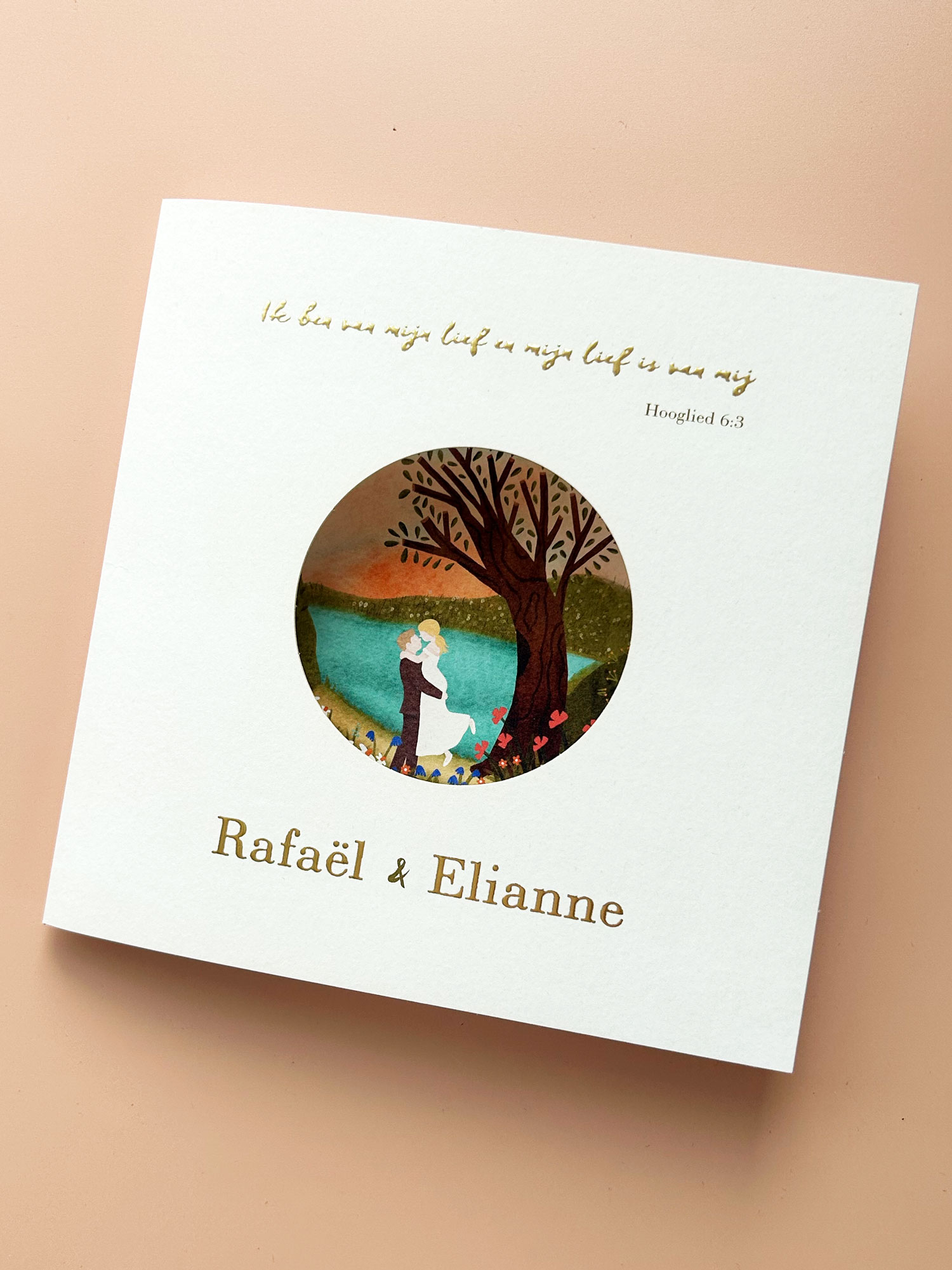 Romantische trouwkaart met illustratie en bijbeltekst