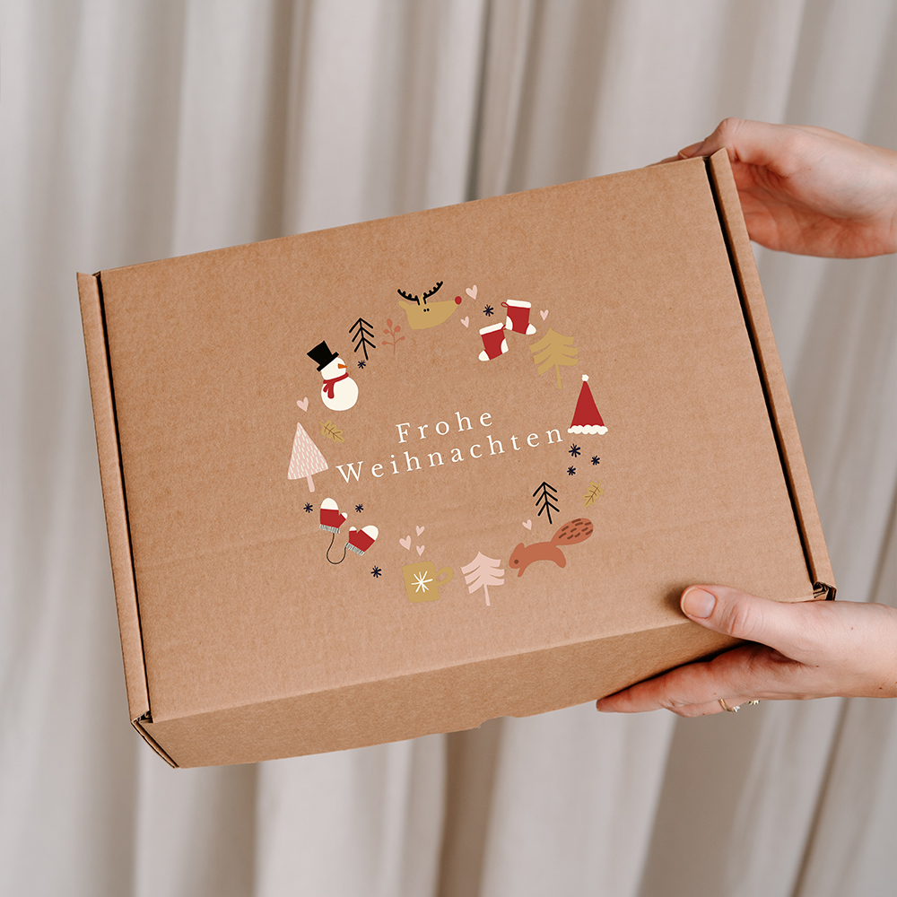 Geschenkbox zu Weihnachten mit Illustrationen und eigenem Text