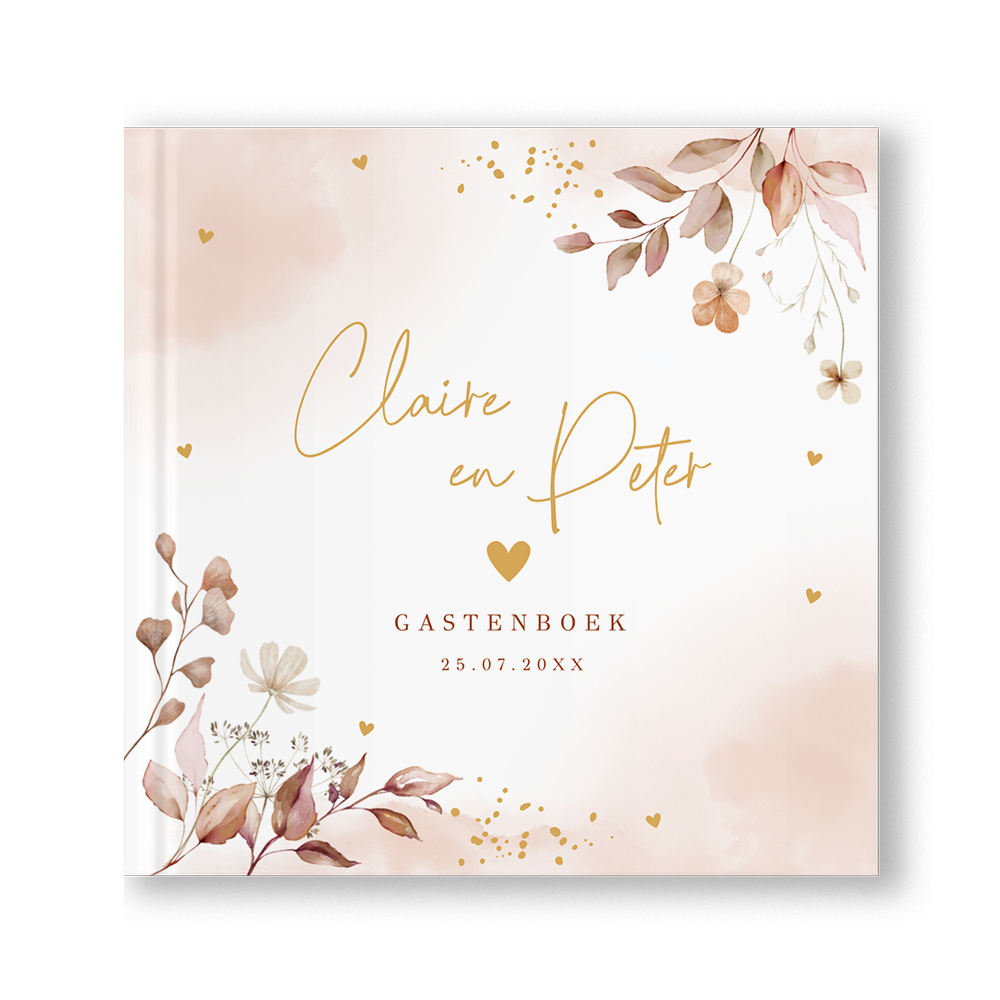 Gastenboek bruiloft bloemen roze watercolour terracotta
