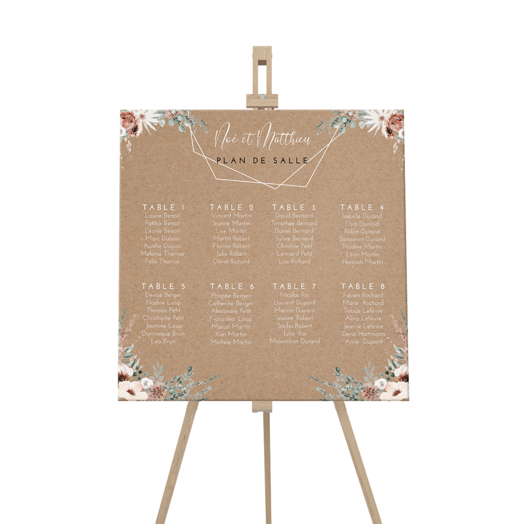 Plan de table avec fleurs et détails géométriques