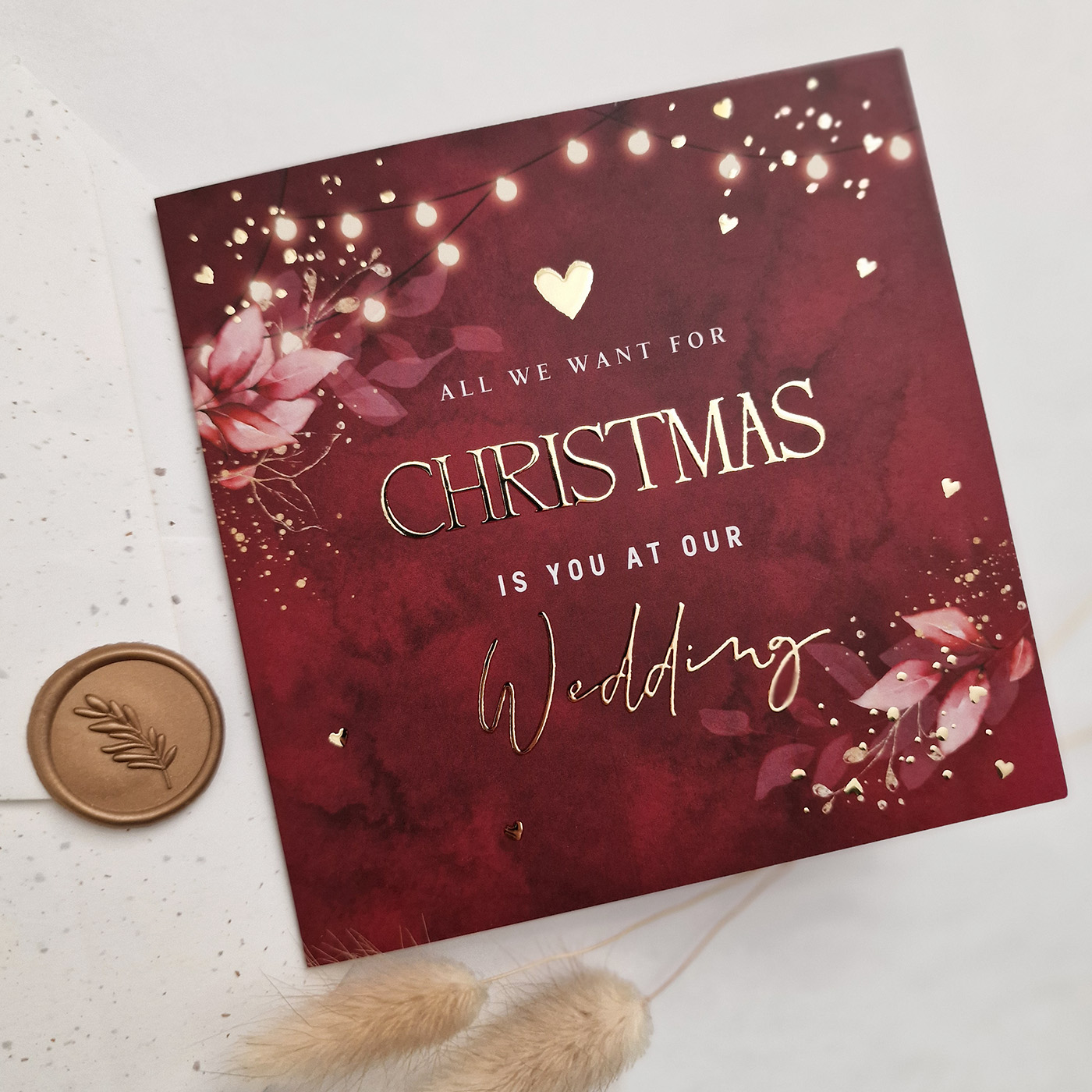 Trouwkaart winter wedding kerst rood goudfolie