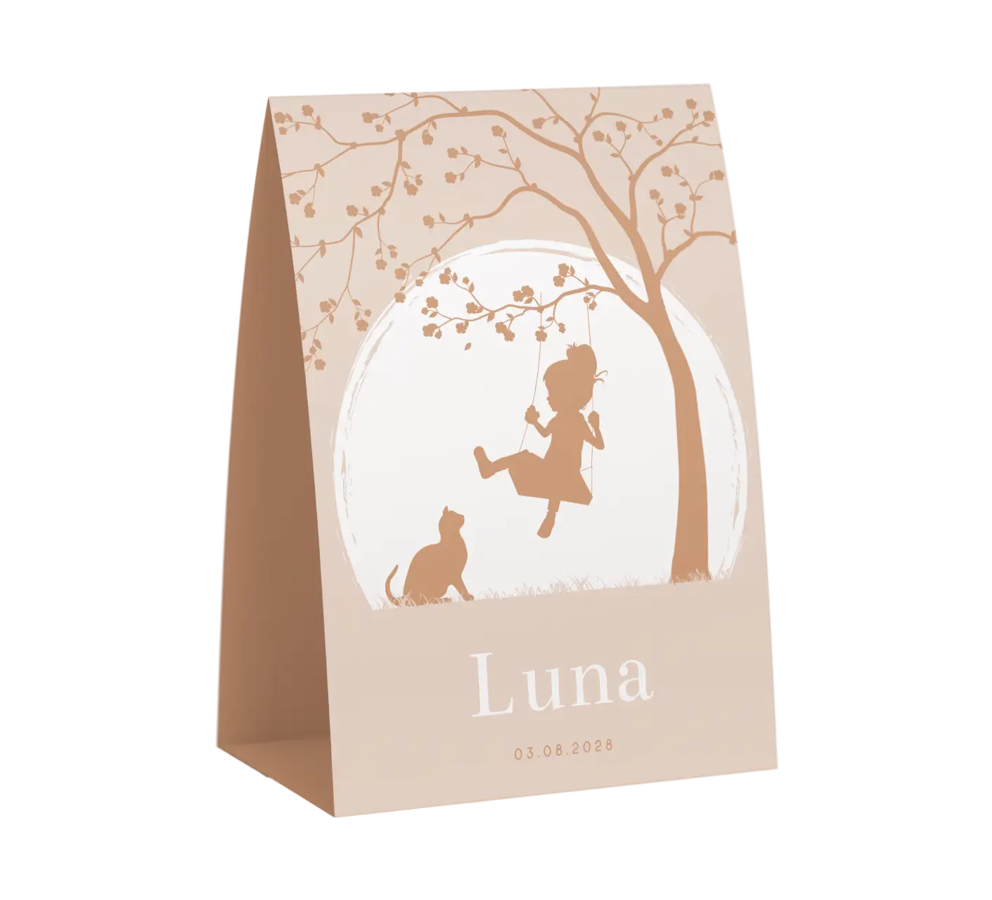 Lief tentkaartje met silhouet van meisje op schommel met kat