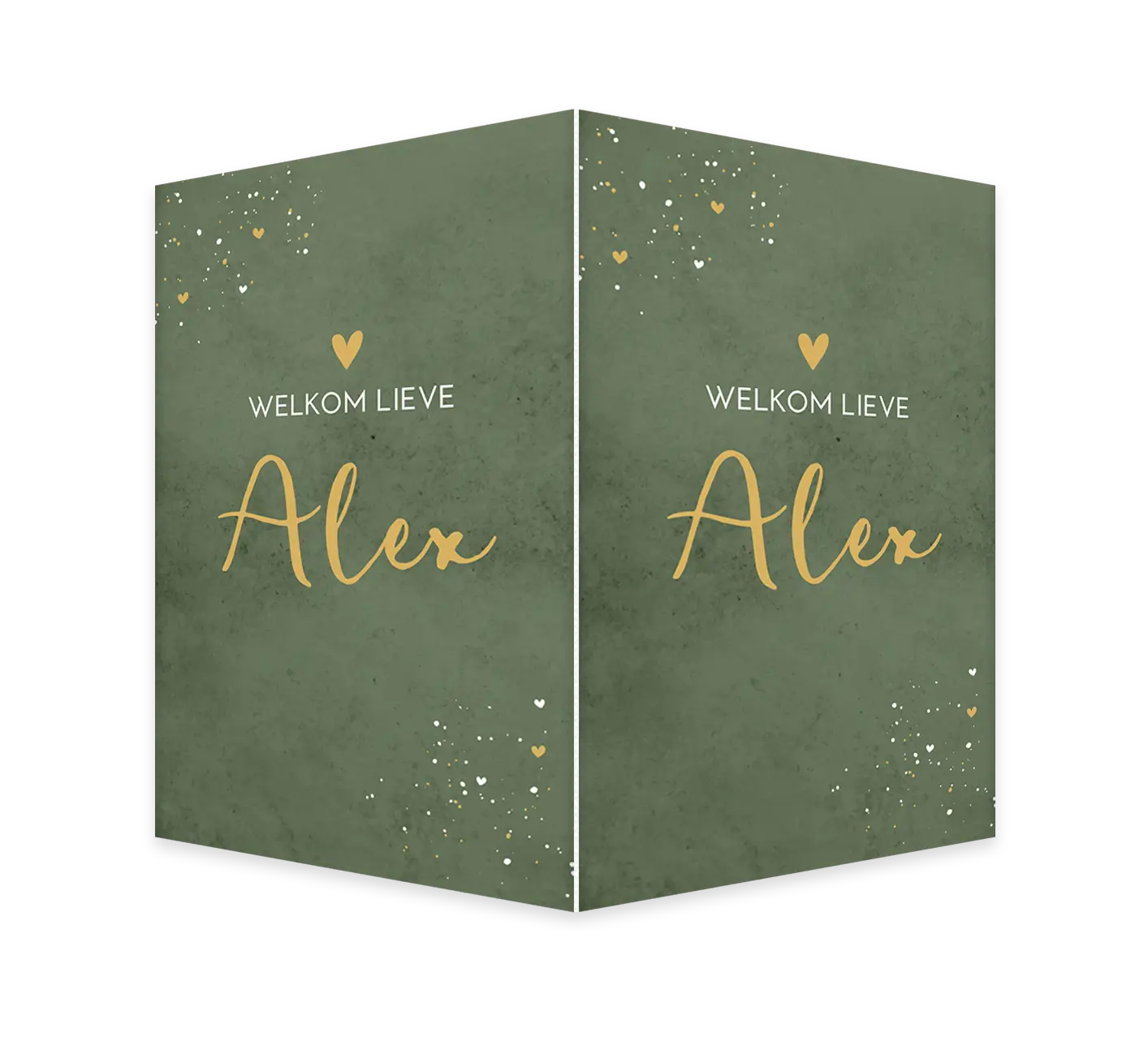 Groen geboortebord met goudkleurige tekst en hartjes