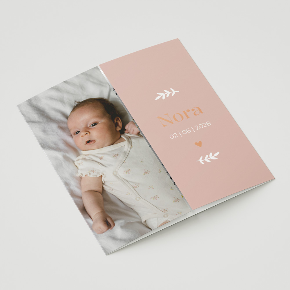 Geboortekaartje meisje luikvouw roze takjes rosefolie