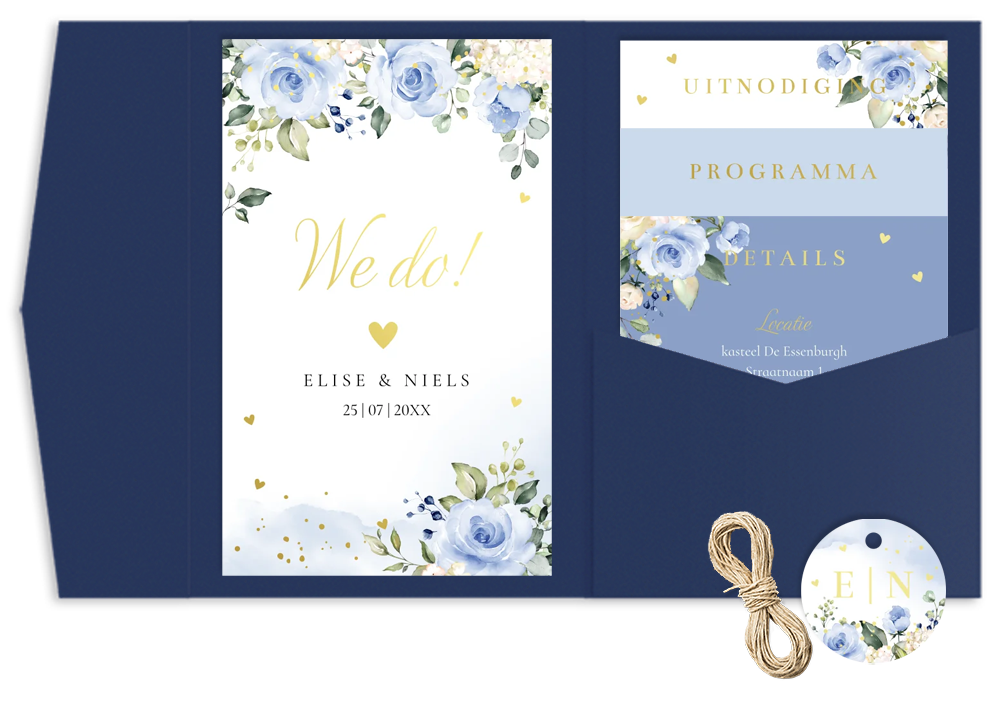Pocketfold trouwkaart bloemen blauw goudfolie