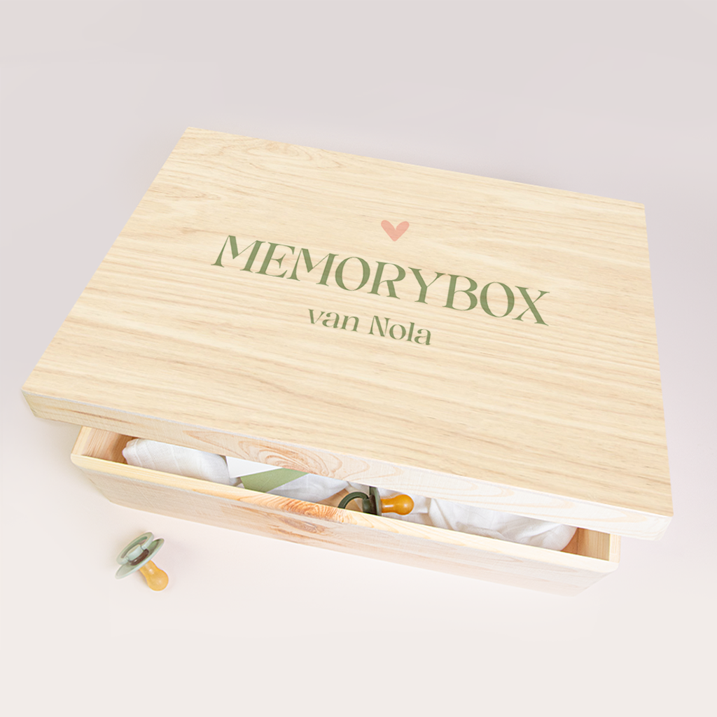 Memorybox geboorte hout met roze golf patroon