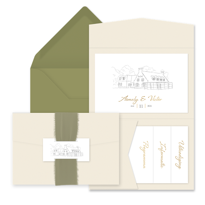 Klassieke trouwuitnodiging pocketfold liggend met trouwlocatie 