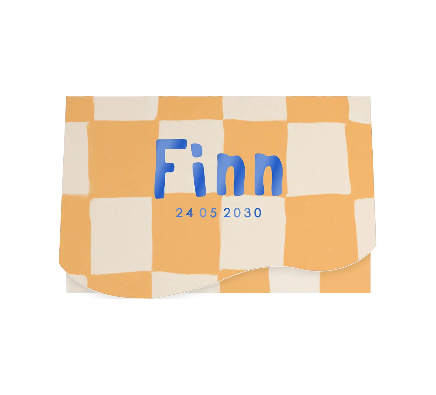 Origineel geboortekaartje jongen met oranje ruitpatroon en hoogglans