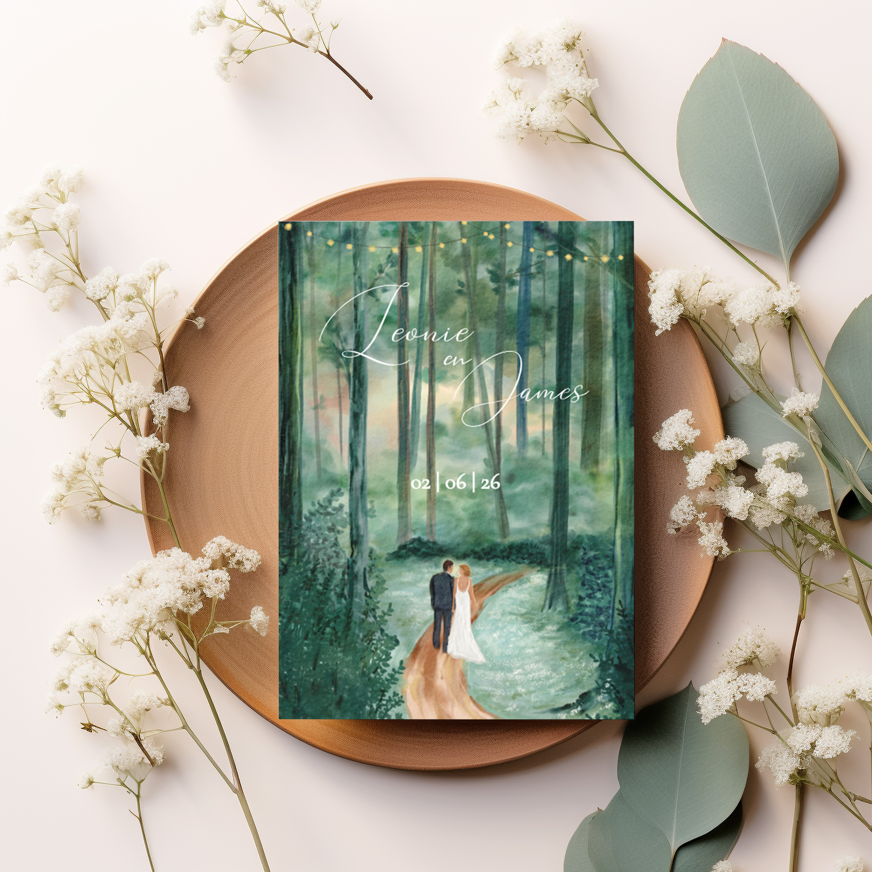 Trouwkaart met aquarel schildering van een bruidspaar in het bos.