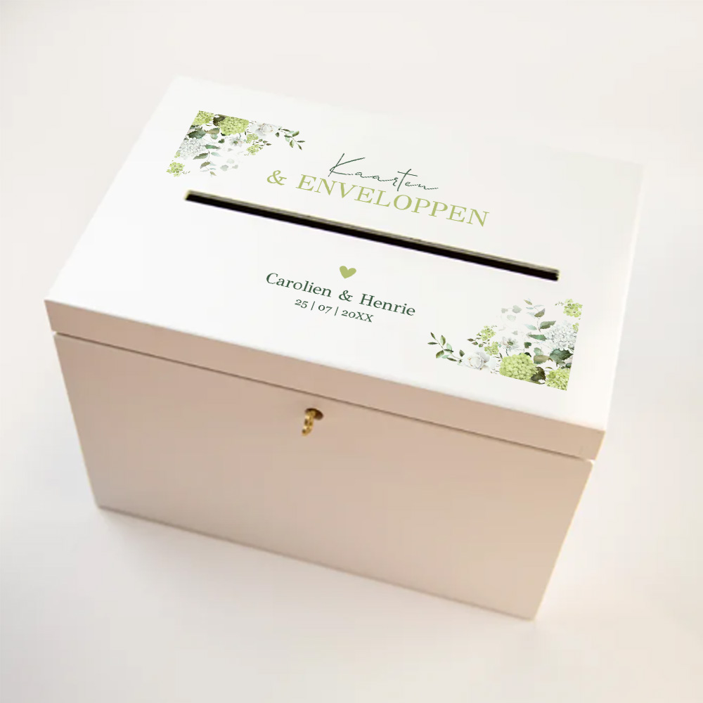 Enveloppenkist hout wit huwelijk hortensia bloemen groen