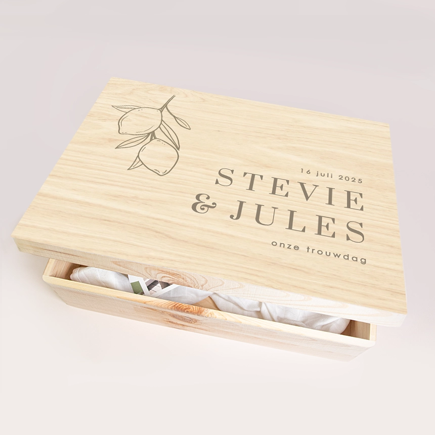 Houten bewaardoos bruiloft met lijntekening citroen