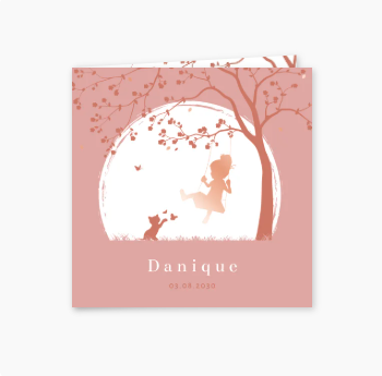 Roségoudfolie geboortekaartje met silhouet van meisje op schommel