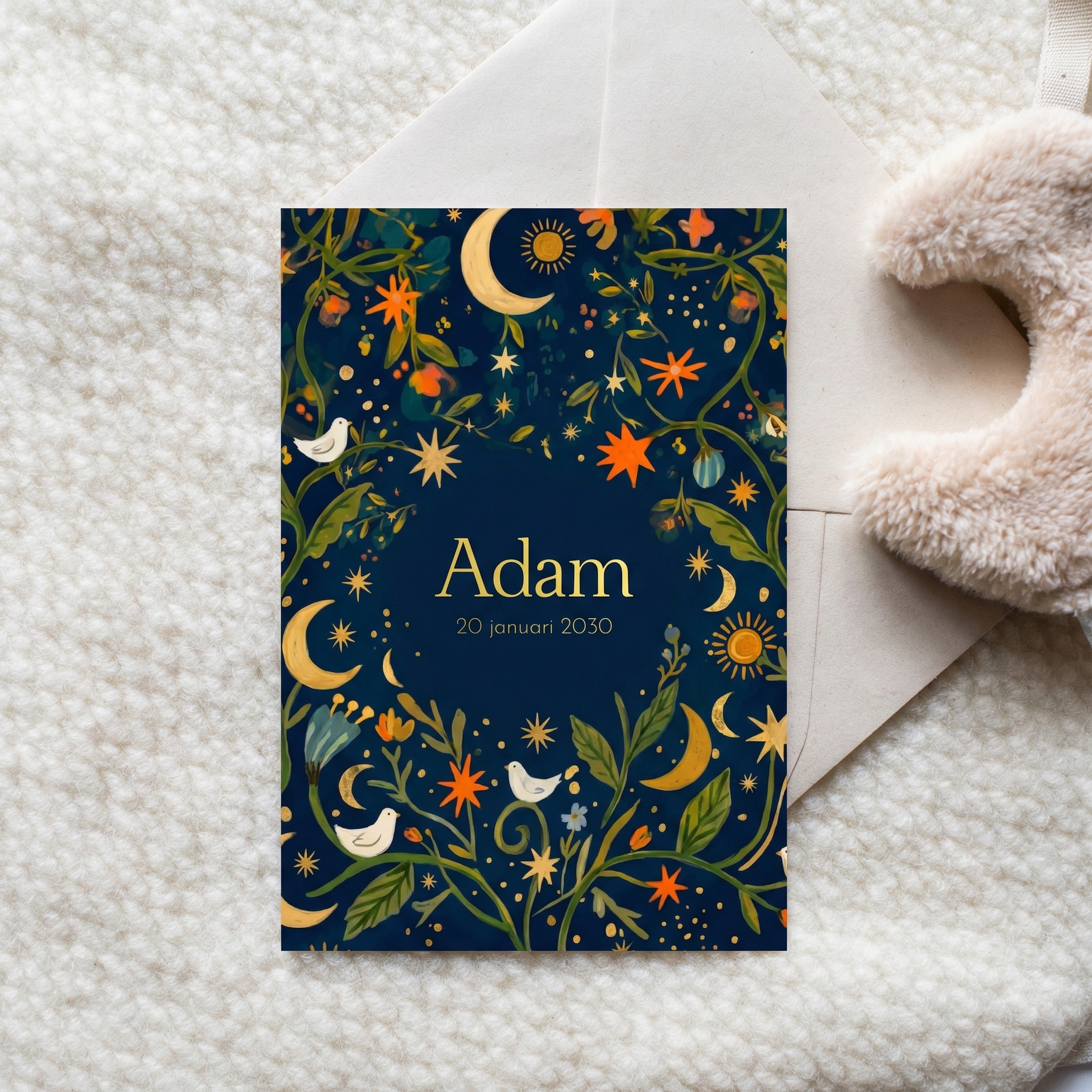 Geboortekaartje jongen maan sterren vogels