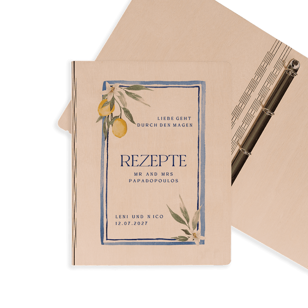 Hölzerne Aufbewahrungsmappe für Rezepte zur Hochzeit