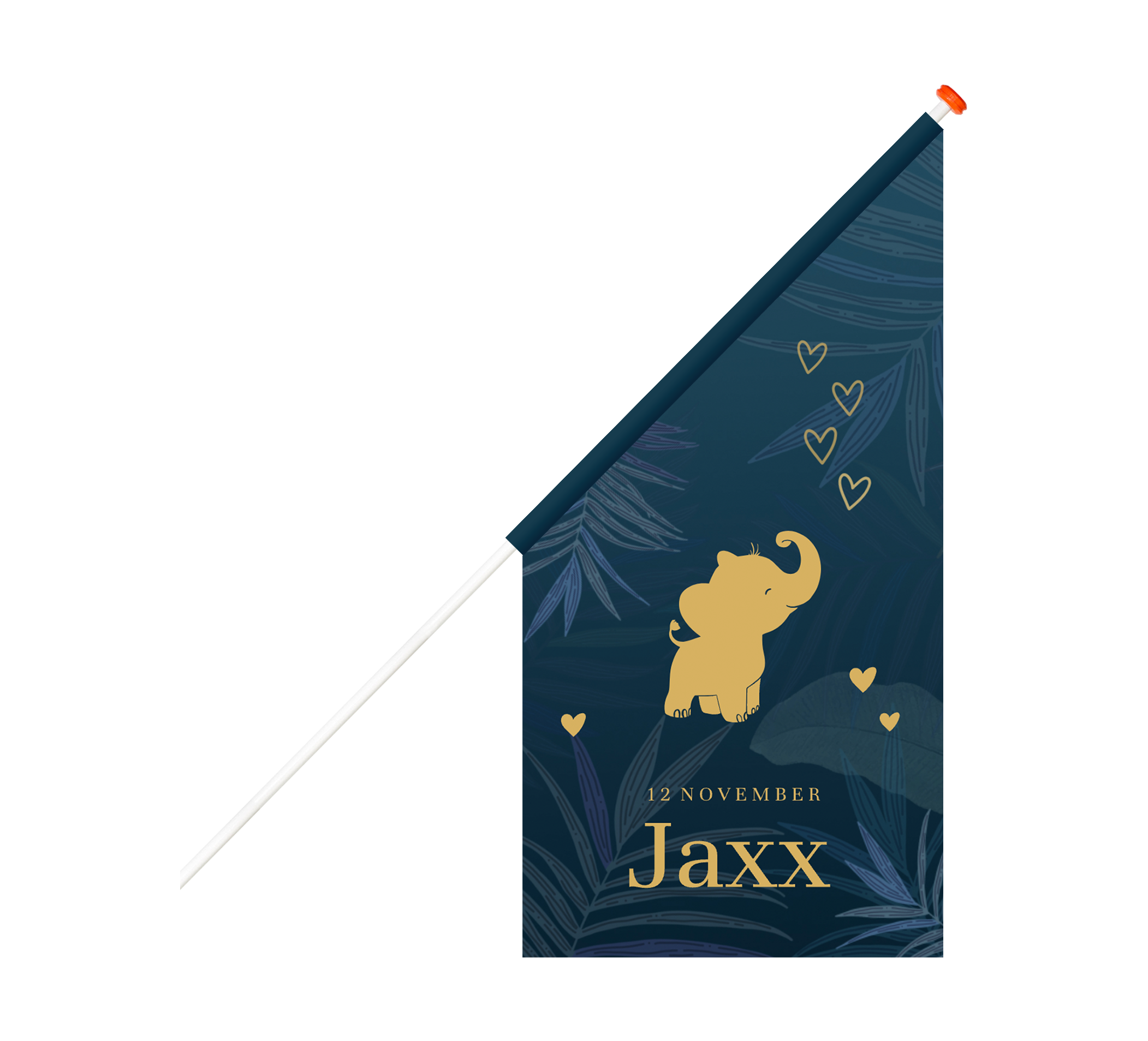 Donkerblauwe geboortevlag met olifantje en hartjes