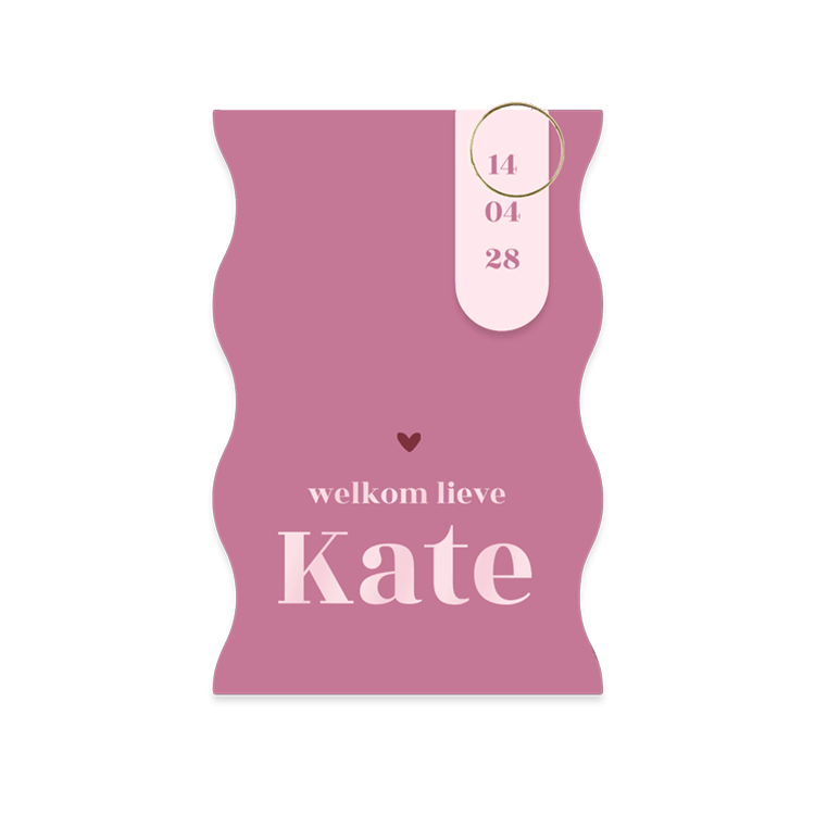 Labelkaart geboorte in rozetinten met golvende randen 