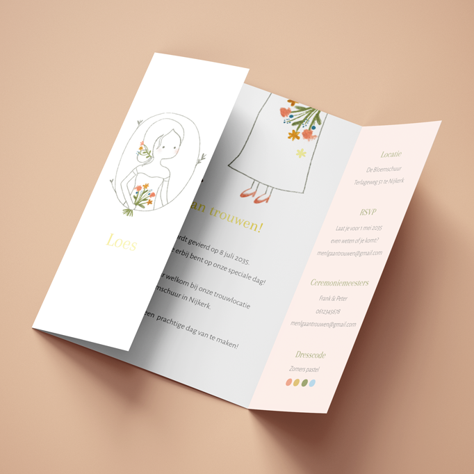 Luikvouw trouwkaart lijntekening portret bloemen in zachte kleuren