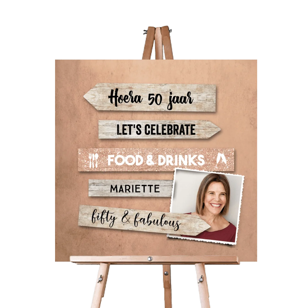 Welkomstbord voor verjaardag met wegwijzers en foto