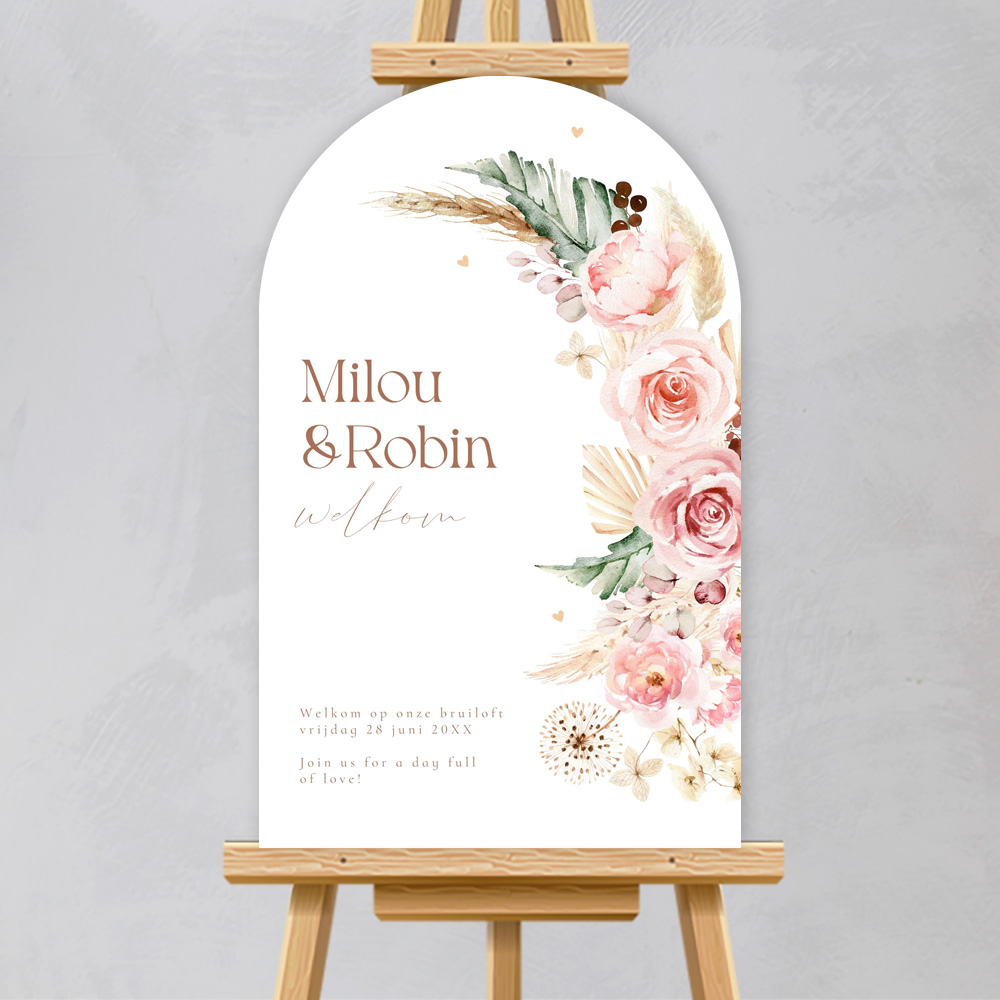 Bruiloftsbord boog bohemian bloemen naturel