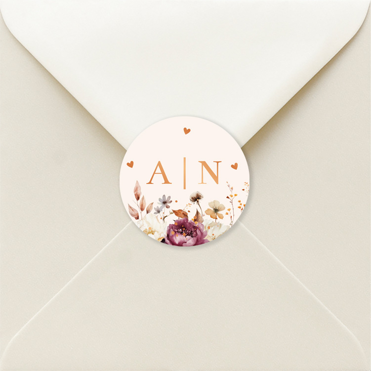 Stickers huwelijk beige bloemen aubergine koperfolie
