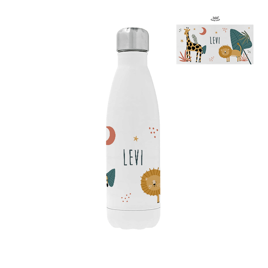 Trinkflasche aus Edelstahl mit Namen und Dschungeltieren