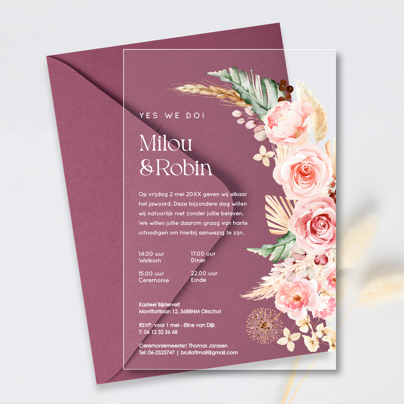 Acryl trouwkaart transparant bohemian bloemen roze