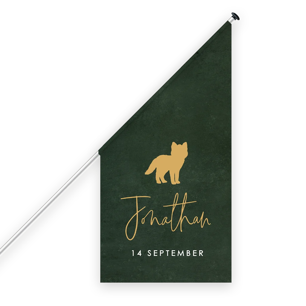 Stoere geboortevlag met naam en vos