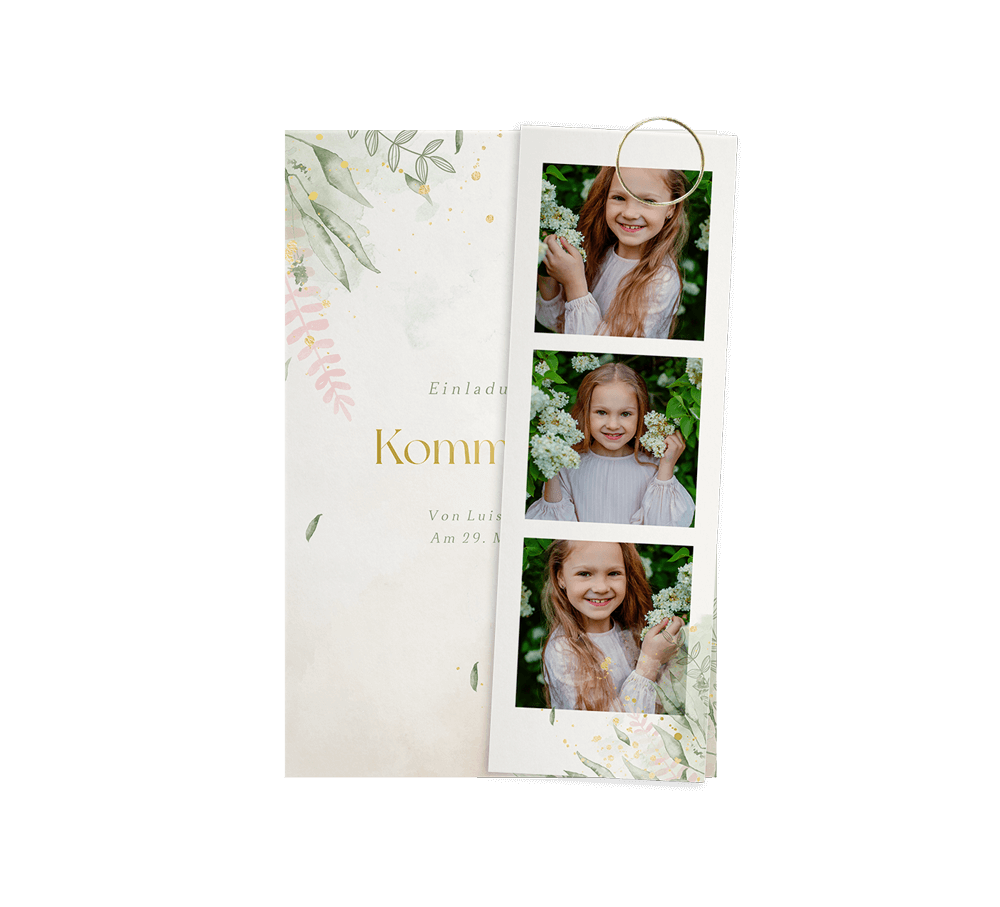 Stilvolle Einladung zur Kommunion mit Zweigen und Fotostreifen