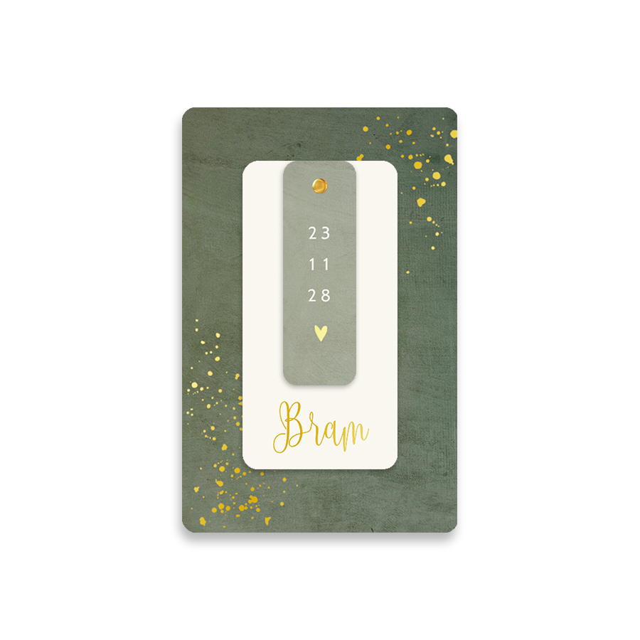 Label geboortekaartje groen met goudfolie spetters