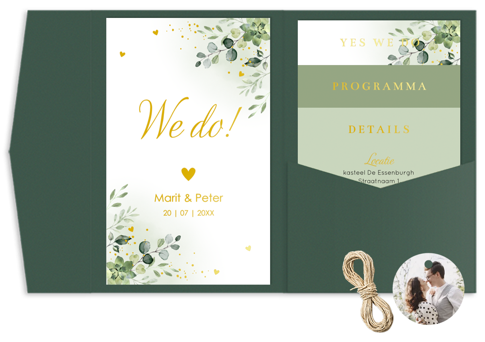 Pocketfold set trouwkaart botanisch groen bladeren goudfolie