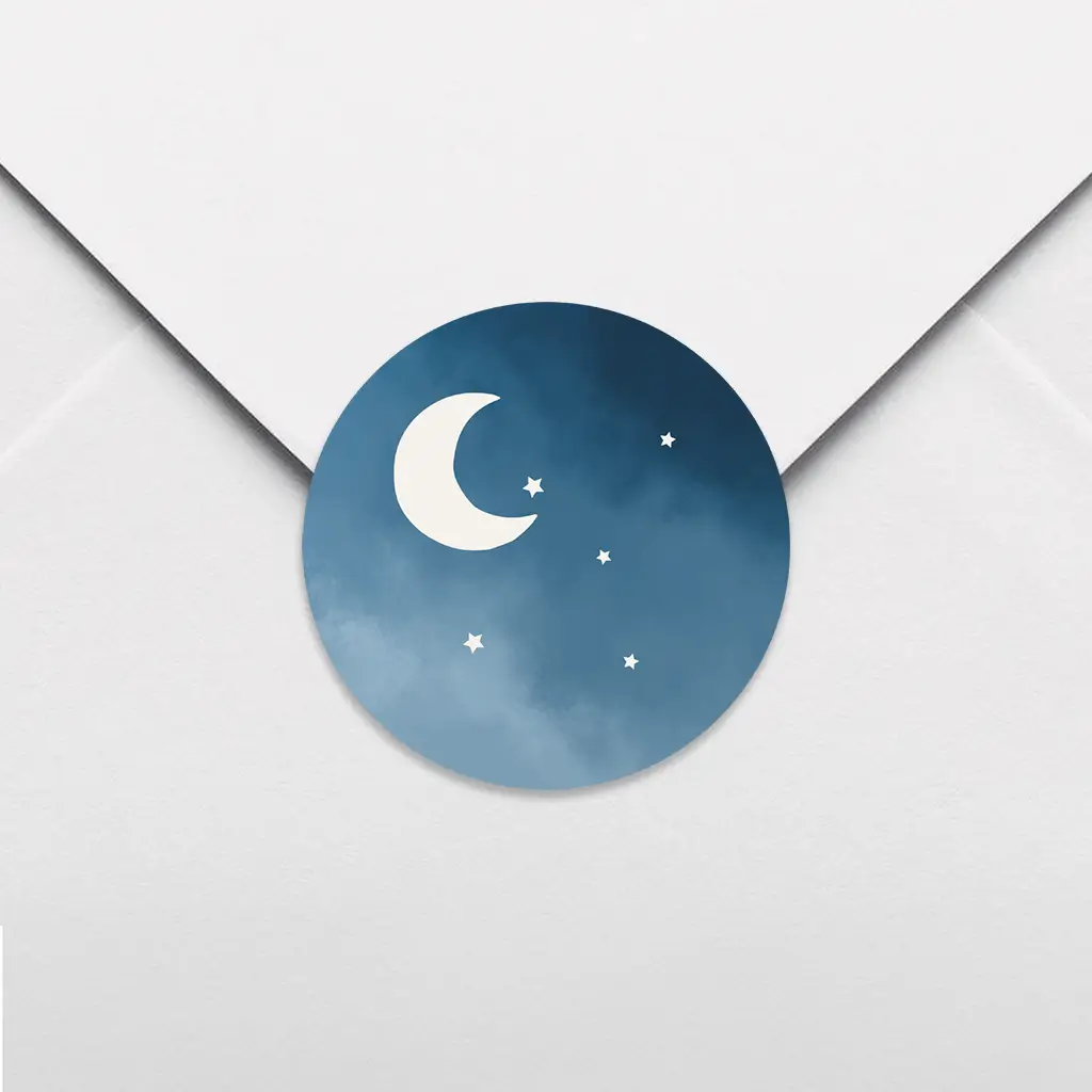 Sluitsticker blauw met wit maantje en sterren - per 25 stuks