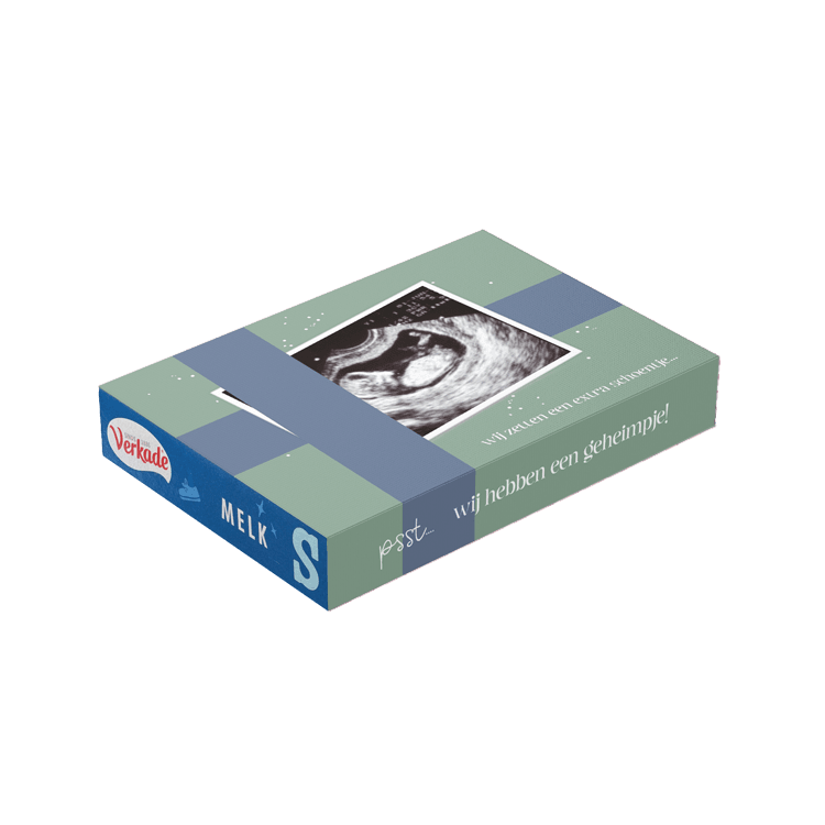 Chocoladeletter zwangerschapsaankondiging met echofoto