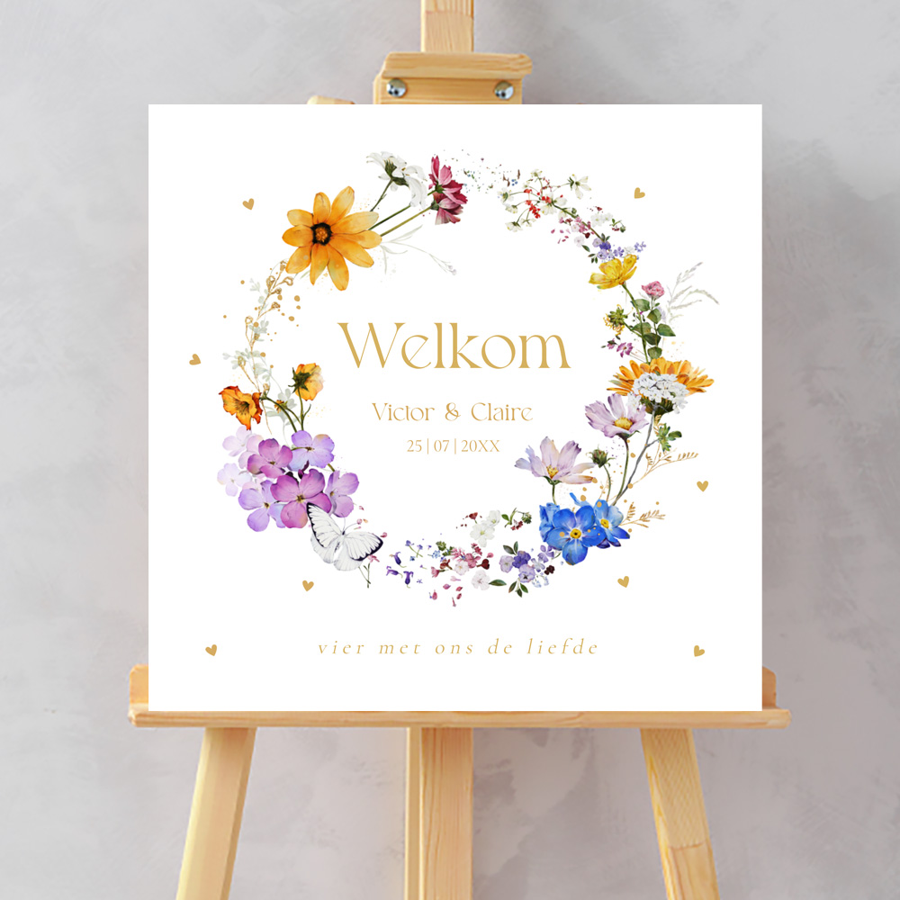 Bruiloftsbord bloemen krans paars geel